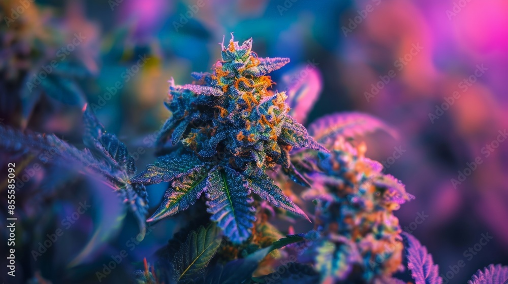 Obraz premium vibrant, cannabis, bloom, close-up, marijuana, plant, stunning, colorful, psychedelic, nature, leaf, medical, herb, trichomes, bud, cultivation, weed, botanical, vivid, macro, flower, hemp, THC, beaut