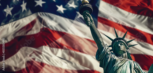 statue of liberty with flag America ,independence day america ,Double exposure style photo