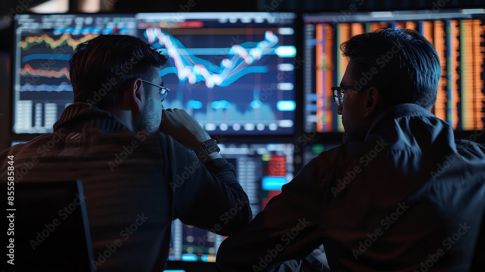 Two market analysts are observing the price movements of the stock market, forex, investment business, crypto prices, looking at prices to carry out buying and selling executions Two market analysts are observing the price movements of the stock market, forex, investment business, crypto prices, looking at prices to carry out buying and selling executions
