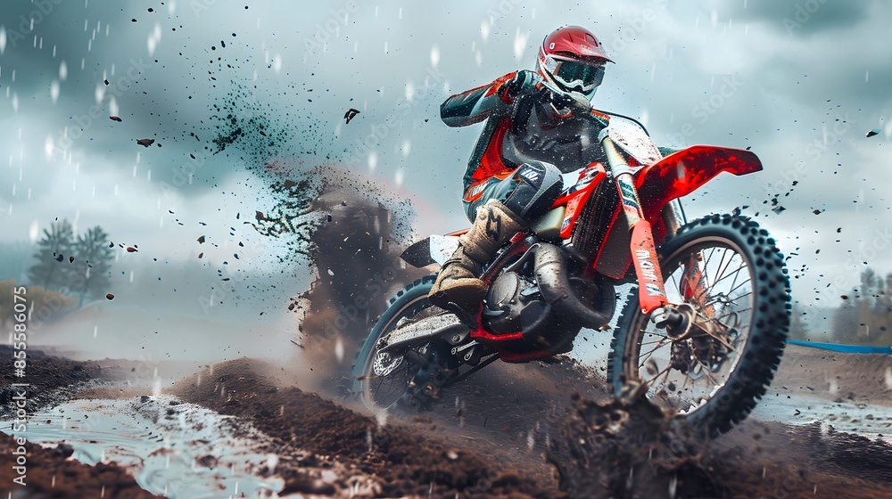 Extreme motocross Rider riding. motocross race bike in action on dirt track. by ai generative Extreme motocross Rider riding. motocross race bike in action on dirt track. by ai generative