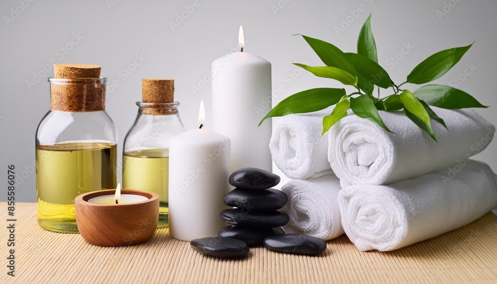 Spa setting with green leaves, white towels, candles, and bottles on wooden surfaces Spa setting with green leaves, white towels, candles, and bottles on wooden surfaces