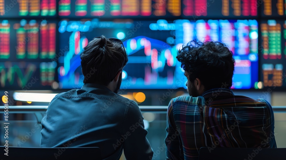 Two market analysts are observing the price movements of the stock market, forex, investment business, crypto prices, looking at prices to carry out buying and selling executions Two market analysts are observing the price movements of the stock market, forex, investment business, crypto prices, looking at prices to carry out buying and selling executions