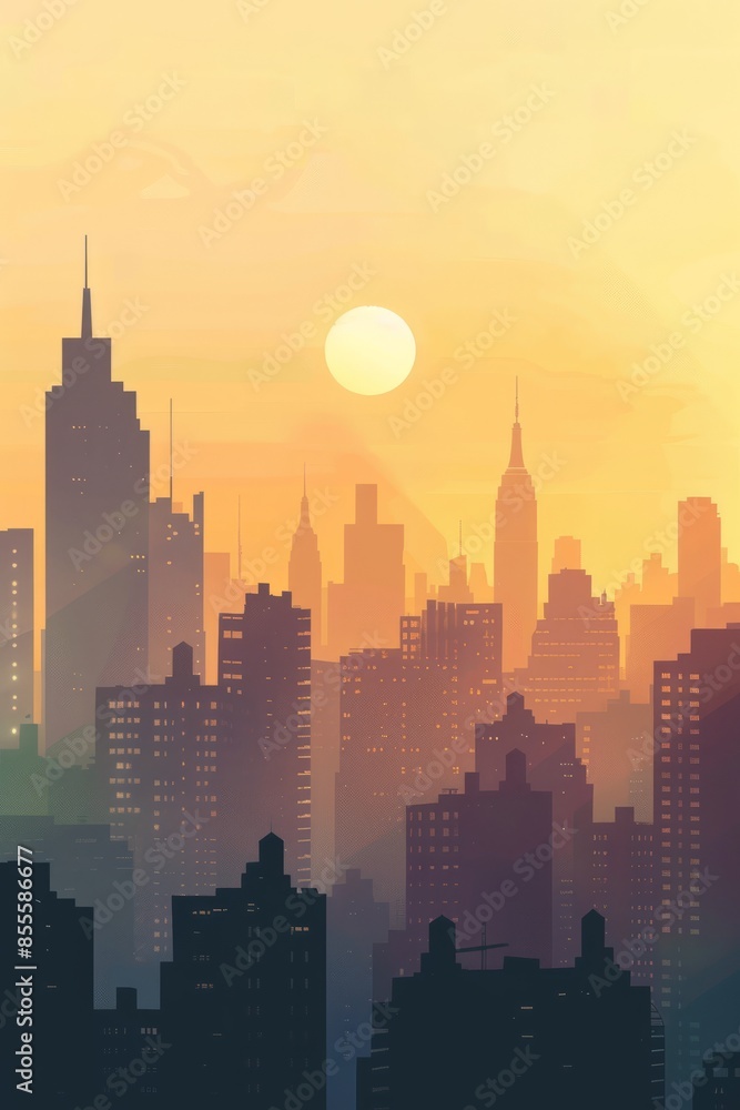 City skyline, flat style, midday light City skyline, flat style, midday light