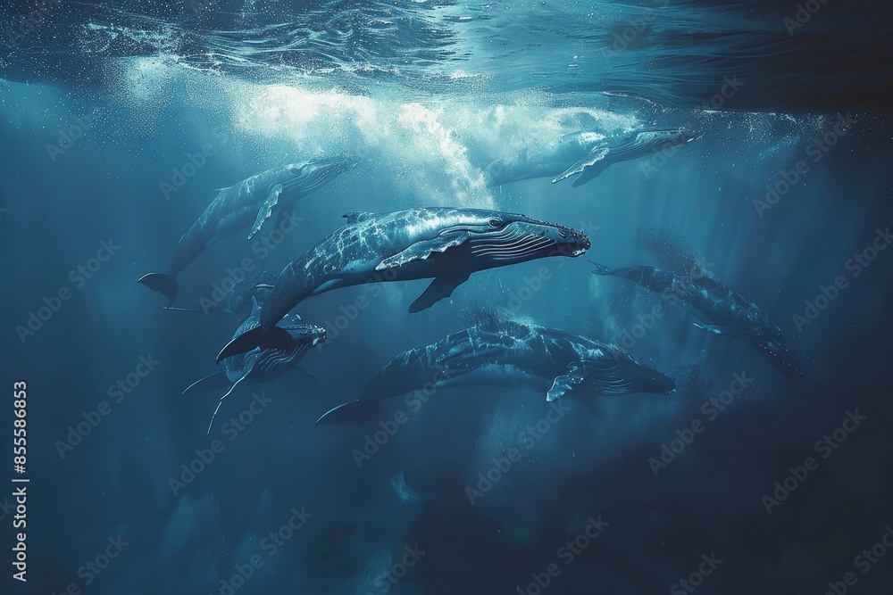 Fototapeta premium A pod of humpback whales gracefully swimming together in the ocean, A serene depiction of a pod of whales gracefully swimming in the ocean