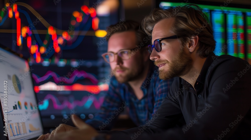 Two market analysts are observing the price movements of the stock market, forex, investment business, crypto prices, looking at prices to carry out buying and selling executions Two market analysts are observing the price movements of the stock market, forex, investment business, crypto prices, looking at prices to carry out buying and selling executions