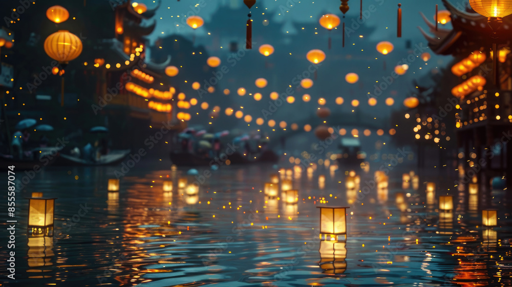 Lantern-lit River Festival at Night. Traditional Cultural Event Lantern-lit River Festival at Night. Traditional Cultural Event