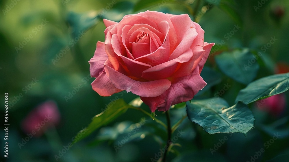 Pink rose in green leafed bush surrounded by pink flowers in background Pink rose in green leafed bush surrounded by pink flowers in background
