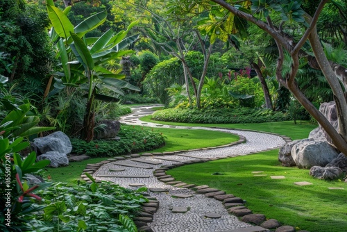 A stone path meanders through a vibrant, green garden landscape, A serene garden with winding paths and lush greenery photo