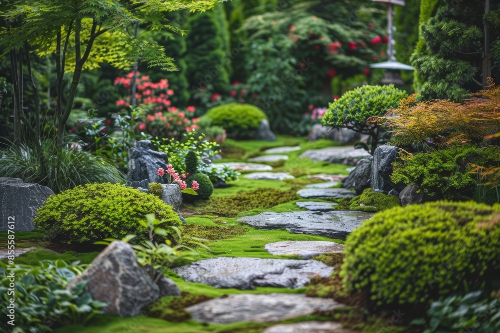 Manicured Japanese Garden With Rocks, Grass, and Flowers, A serene Japanese garden with carefully manicured plants and a moss-covered ground on a deep green background Manicured Japanese Garden With Rocks, Grass, and Flowers, A serene Japanese garden with carefully manicured plants and a moss-covered ground on a deep green background