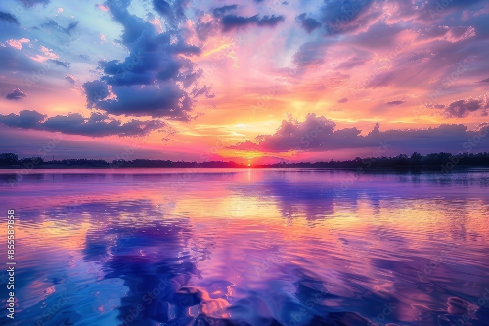 Naklejka premium A colorful sunset reflecting on a serene lake, with clouds in the sky, A serene lake reflecting the colors of a vibrant sunset