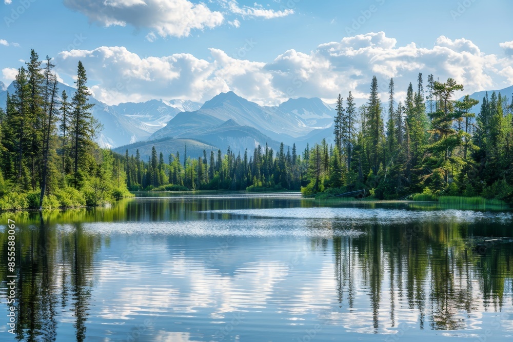A lake nestled among tall trees with majestic mountains in the background, A serene lake surrounded by tall trees and mountains in the background A lake nestled among tall trees with majestic mountains in the background, A serene lake surrounded by tall trees and mountains in the background