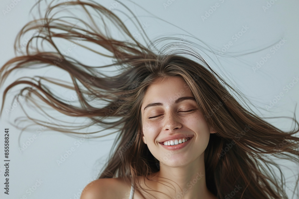 Fototapeta premium beauty shoot of a female brunette model whose long, beautiful hair blows in the wind