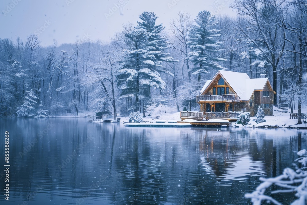 Obraz premium A cabin nestled on a lake surrounded by snow-covered trees in a winter wonderland scene, A serene lakeside retreat surrounded by snow-covered trees and peaceful nature