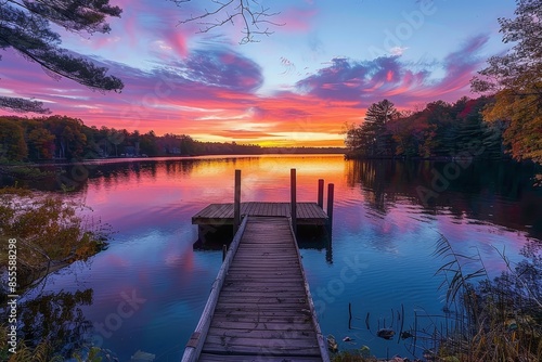 A wooden dock extending into a calm lake surrounded by trees and nature, A serene lakeside retreat with a wooden dock and colorful sunset © Iftikhar alam