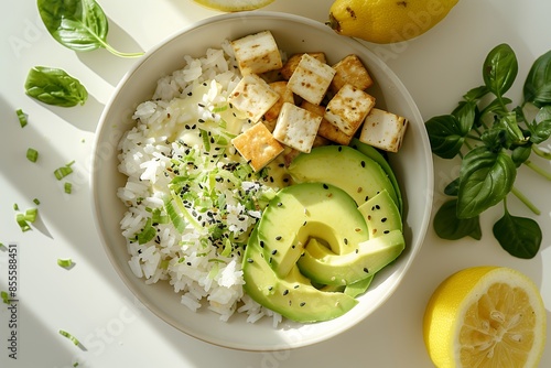 `Photo of a portrait view of a top down bowl with rice and avocado on a white background. A small pile of tofu cubes sits next to the salad. An eating pattern reminiscent of Sisyphean labor. Bright  photo