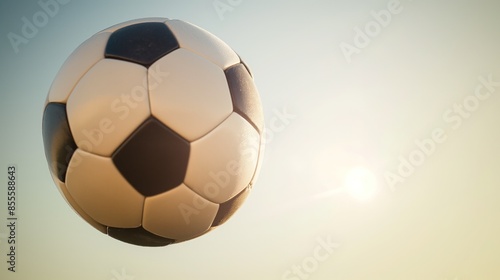 soccer ball flying in the air with sunlight shining on it