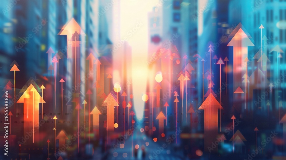 Fototapeta premium illustration of transparent arrows facing upwards with a blurred urban background