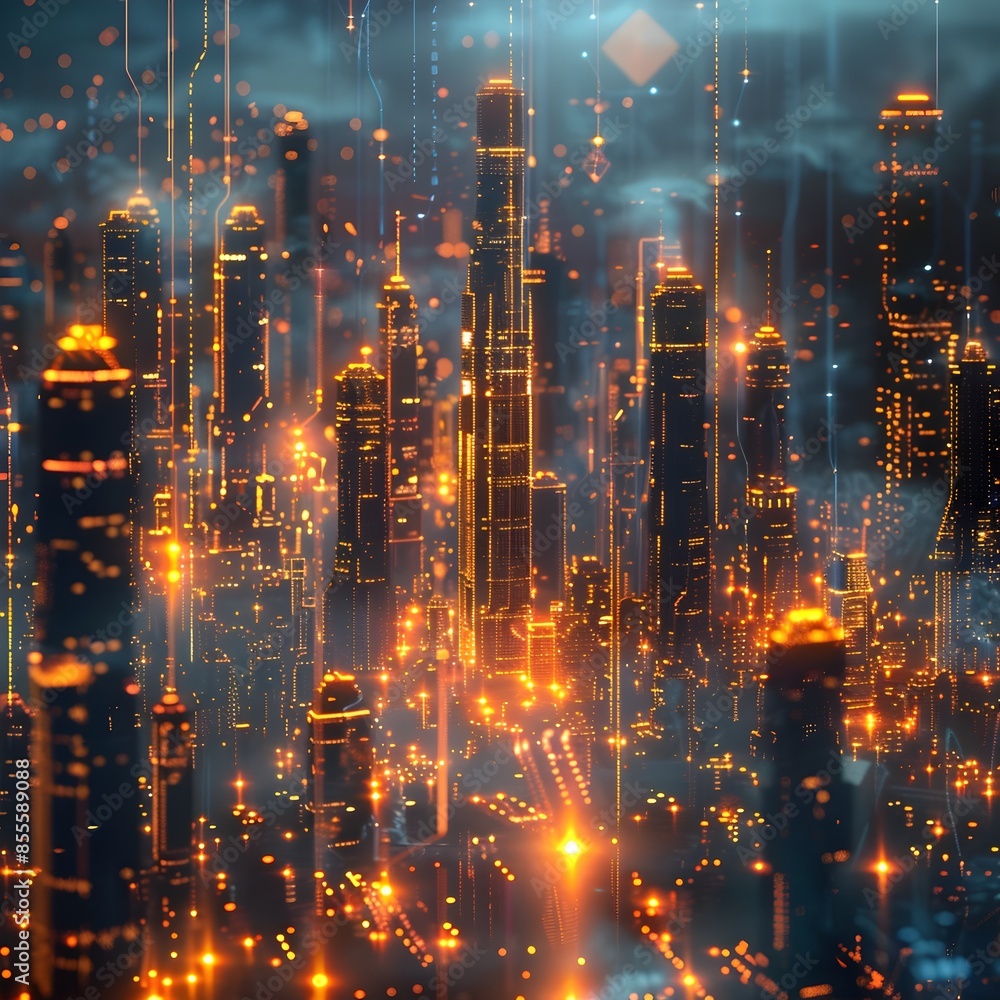 Fototapeta premium Futuristic Glowing Digital City Grid with Holographic Architectural Designs and Abstract Cyber Concept