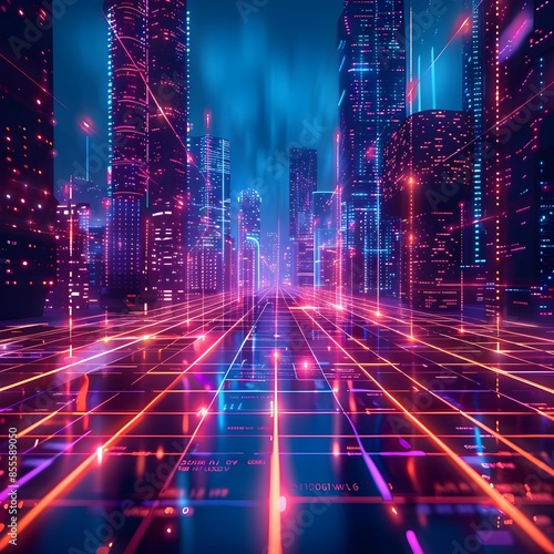 Futuristic Digital City Grid with Holographic Towers and Glowing Data Streams