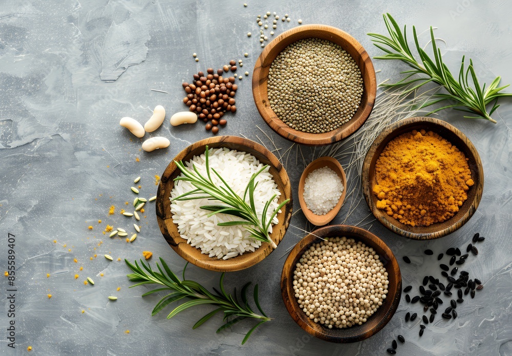 Photo of a variety of grains and seeds in wooden bowls on a grey background, including rice, white beans, black cumin seeds, red turmeric powder, and green rosemary leaves. Flat lay, top view, studio Photo of a variety of grains and seeds in wooden bowls on a grey background, including rice, white beans, black cumin seeds, red turmeric powder, and green rosemary leaves. Flat lay, top view, studio