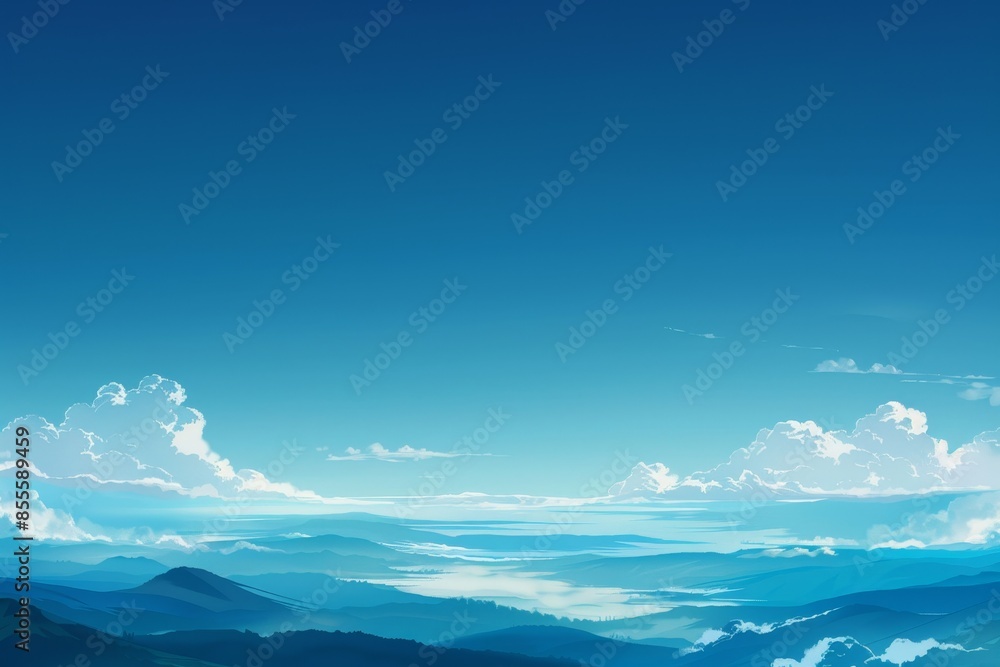 Painting depicting a clear blue sky with fluffy white clouds, A serene landscape with rolling hills and a clear blue sky Painting depicting a clear blue sky with fluffy white clouds, A serene landscape with rolling hills and a clear blue sky