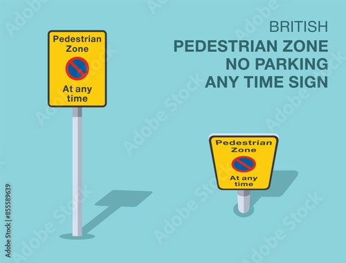 Traffic regulation rules. Isolated British "pedestrian zone, no parking any time" road sign. Front and top view. Flat vector illustration template.