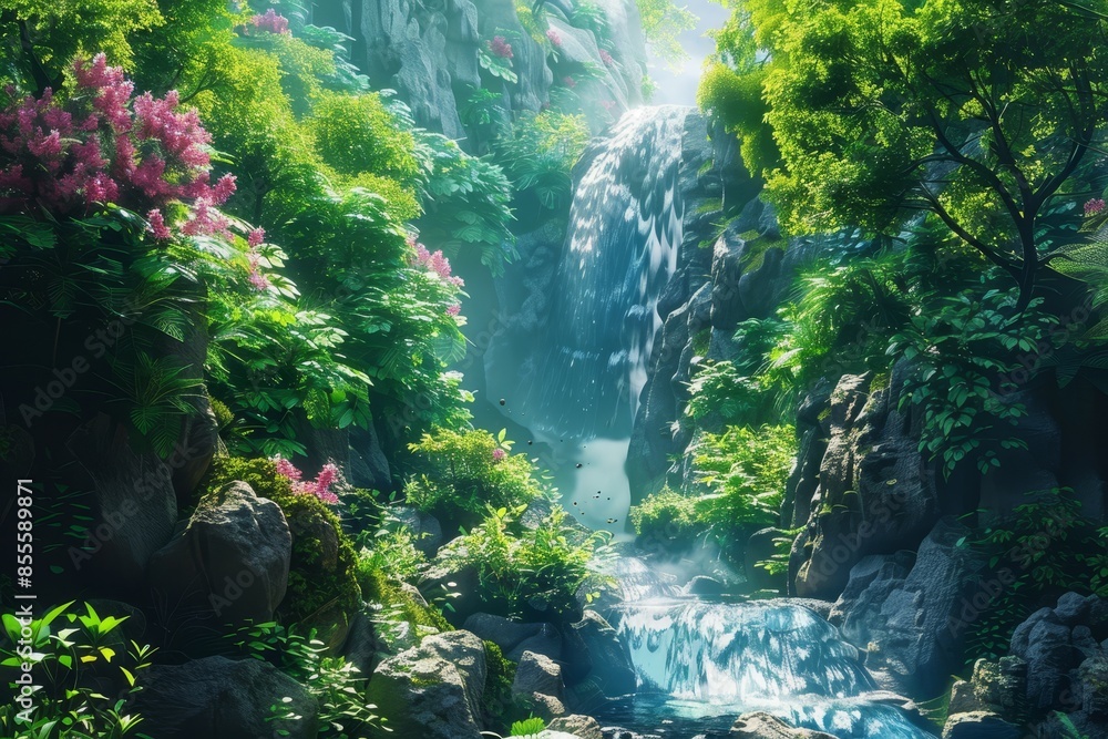 A painting of a waterfall cascading in the middle of a lush green forest, A serene landscape with a waterfall and lush greenery A painting of a waterfall cascading in the middle of a lush green forest, A serene landscape with a waterfall and lush greenery