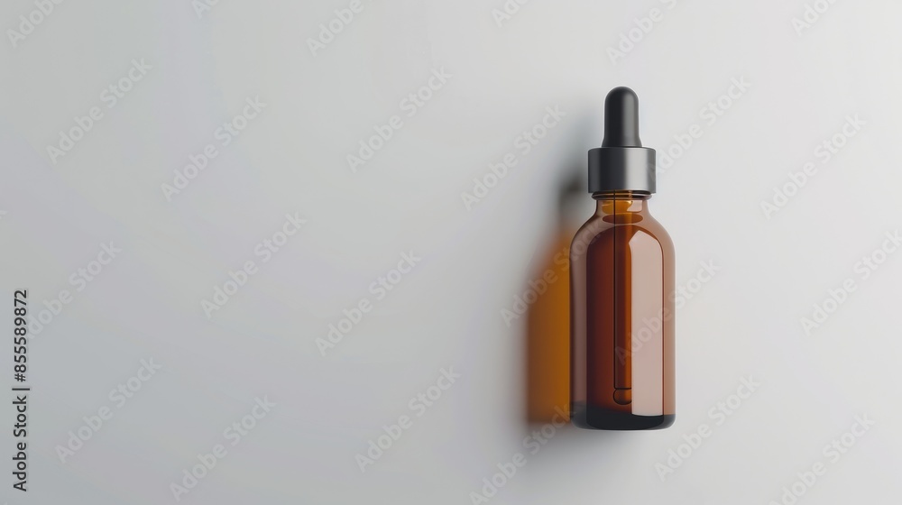 Fototapeta premium Amber dropper bottle on white background with empty space
