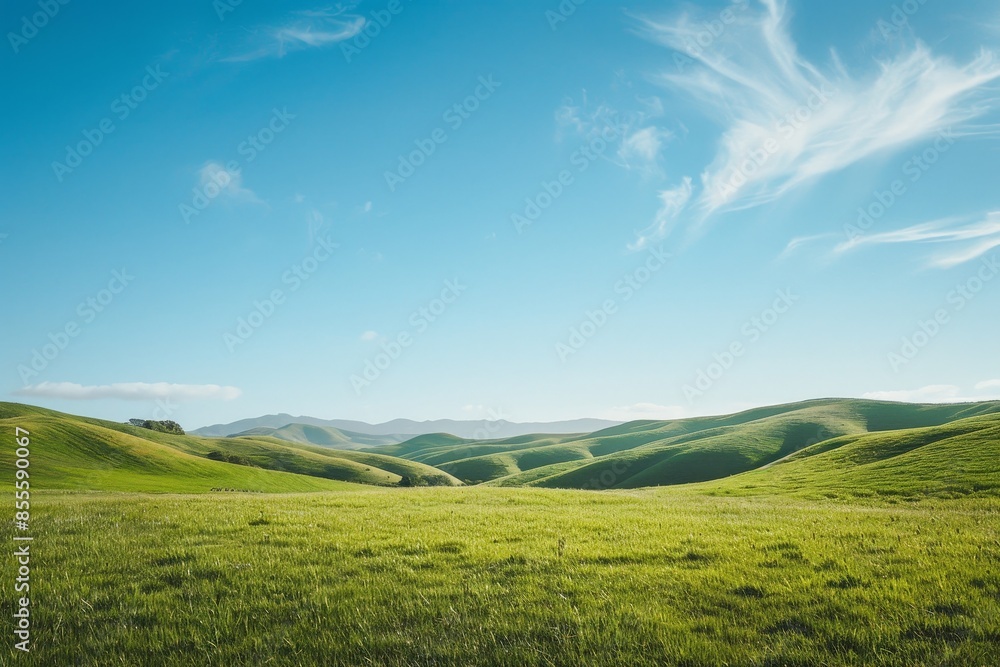 Fototapeta premium Grassy field with mountains in the background under clear skies, A serene landscape with rolling hills and a clear blue sky