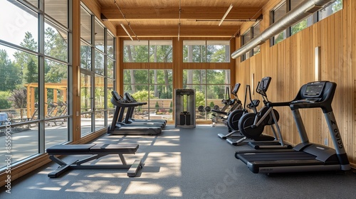 a picture of a modern gym with wooden walls and lots of windows bringing in natural light. There are many different types of equipment in the fitness center, such as weight benches and treadmill