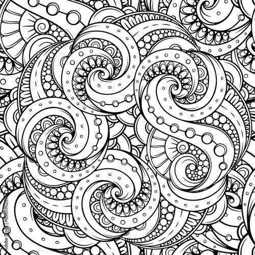 Black and white abstract doodles swirl vector seamless pattern, great for coloring books and artistic designs, with intricate lines and curves