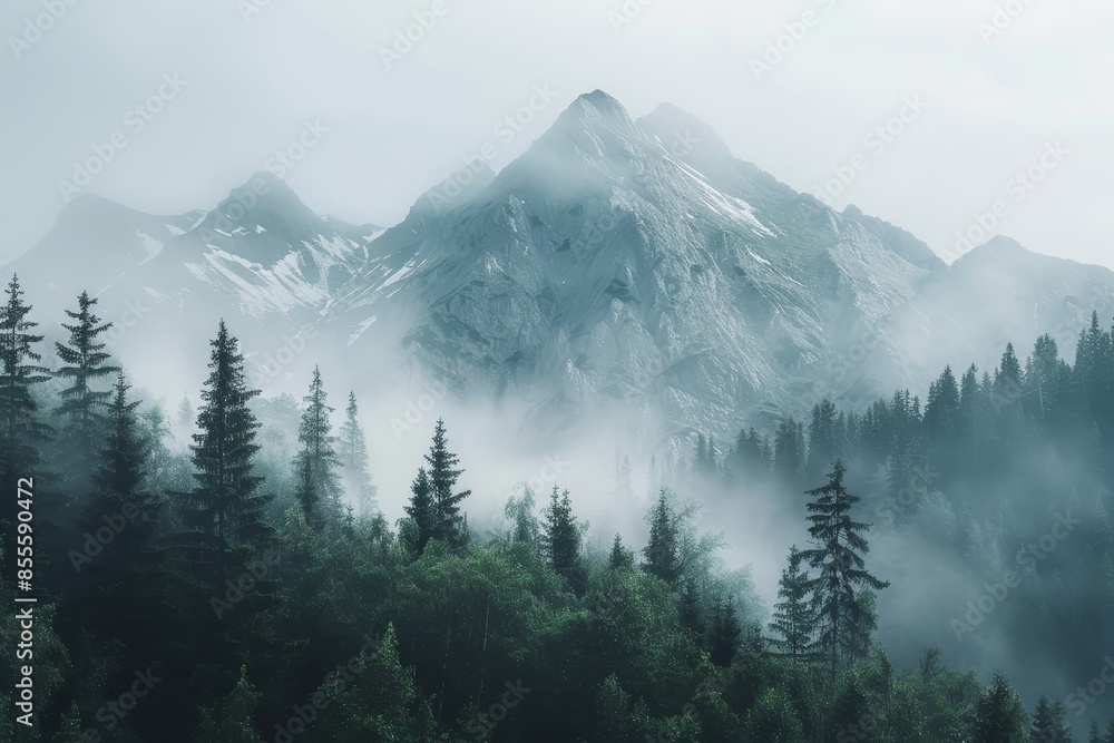 Fog covers mountain, trees in foreground, A serene mountain landscape with a misty forest in the background Fog covers mountain, trees in foreground, A serene mountain landscape with a misty forest in the background