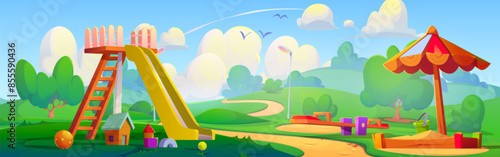 Children outdoor playground in public park with slide and seesaw, sandbox and toys. Summer landscape with kindergarten amusement area for kids play and activity. Empty daycare outside game space.