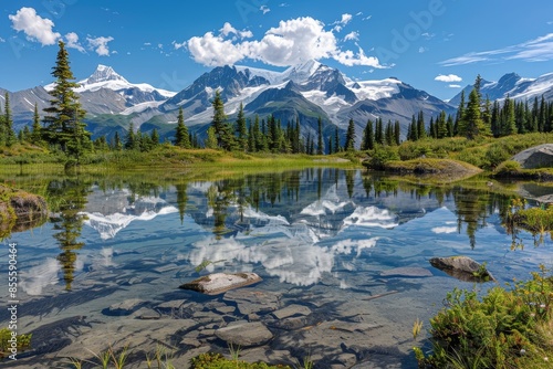 A mountain lake nestled among trees and rocks in a natural setting, A serene mountain landscape with a crystal-clear lake reflecting the snow-capped peaks in the background
