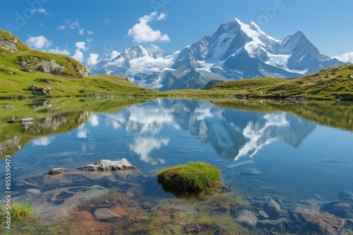 Majestic Mountain Range Reflecting in Crystal-Clear Lake, A serene mountain landscape with a crystal-clear lake reflecting the snow-capped peaks in the background