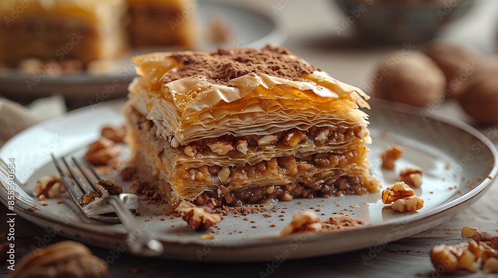 A classic Baklava Cake, featuring layers of golden filo pastry, chopped nuts, and drizzled with honey syrup, elegantly presented on a white plate with a silver fork, minimalistic background A classic Baklava Cake, featuring layers of golden filo pastry, chopped nuts, and drizzled with honey syrup, elegantly presented on a white plate with a silver fork, minimalistic background