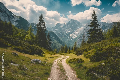 A dirt road cutting through a dense, green forest with tall trees and lush vegetation, A serene mountain landscape with a winding trail leading into the distance