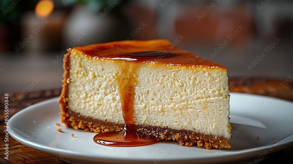 A classic cheesecake with a rich caramel drizzle, smooth and creamy texture, golden crust, elegantly presented on a white plate with caramel sauce, hd quality, vivid style, sharp focus, warm lighting A classic cheesecake with a rich caramel drizzle, smooth and creamy texture, golden crust, elegantly presented on a white plate with caramel sauce, hd quality, vivid style, sharp focus, warm lighting