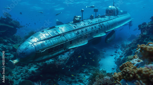 Wallpaper Mural A large submarine is floating in the ocean. The submarine is old and rusted, and it is surrounded by a variety of sea creatures. Scene is one of exploration and adventure Torontodigital.ca