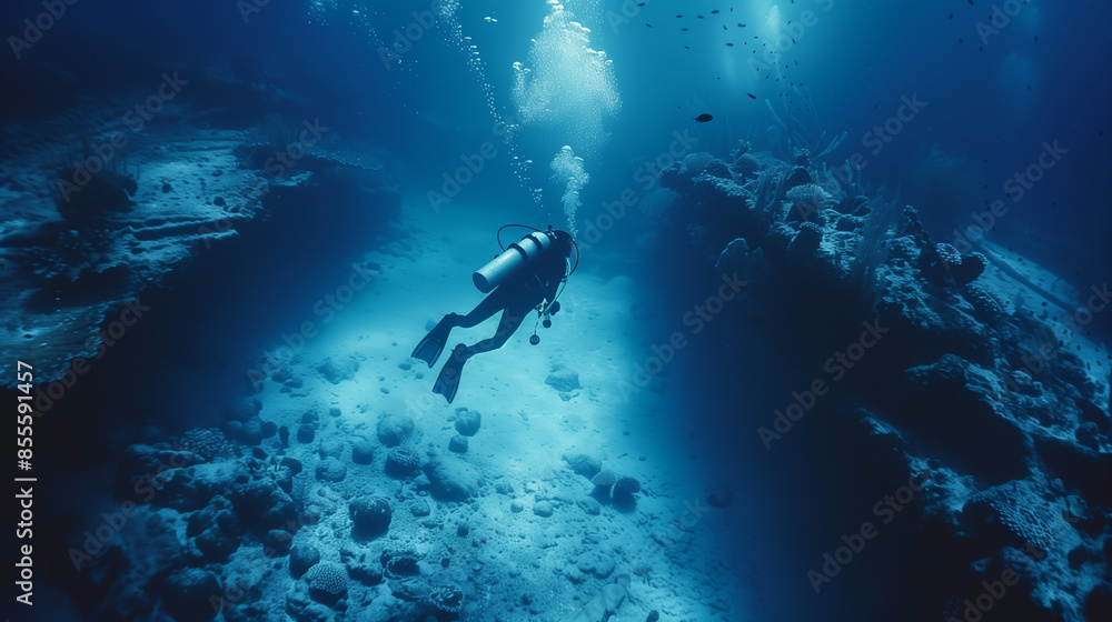 A man is diving in the ocean wearing a scuba suit. The water is clear and blue A man is diving in the ocean wearing a scuba suit. The water is clear and blue