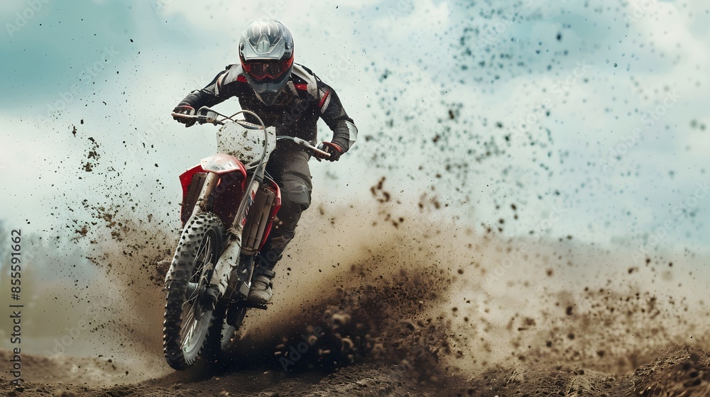 Extreme motocross Rider riding. motocross race bike in action on dirt track. by ai generative Extreme motocross Rider riding. motocross race bike in action on dirt track. by ai generative