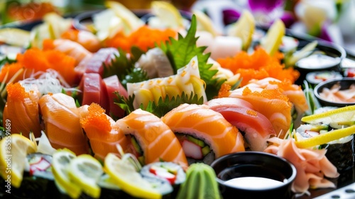 A tantalizing platter of sushi rolls featuring salmon, tuna