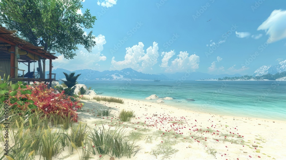 Fototapeta premium Elevated beach house lounge captures sky-sea horizon beautifully