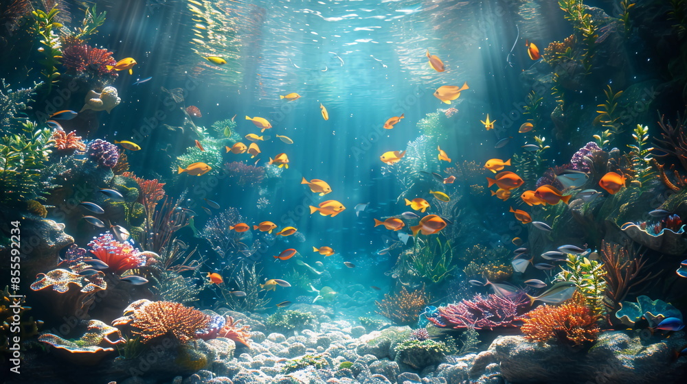 Naklejka premium An ultra-realistic illustration of a large aquarium, showcasing a dazzling array of tropical fish against a soothing turquoise background. Volumetric lighting adds depth and dimension, creating a