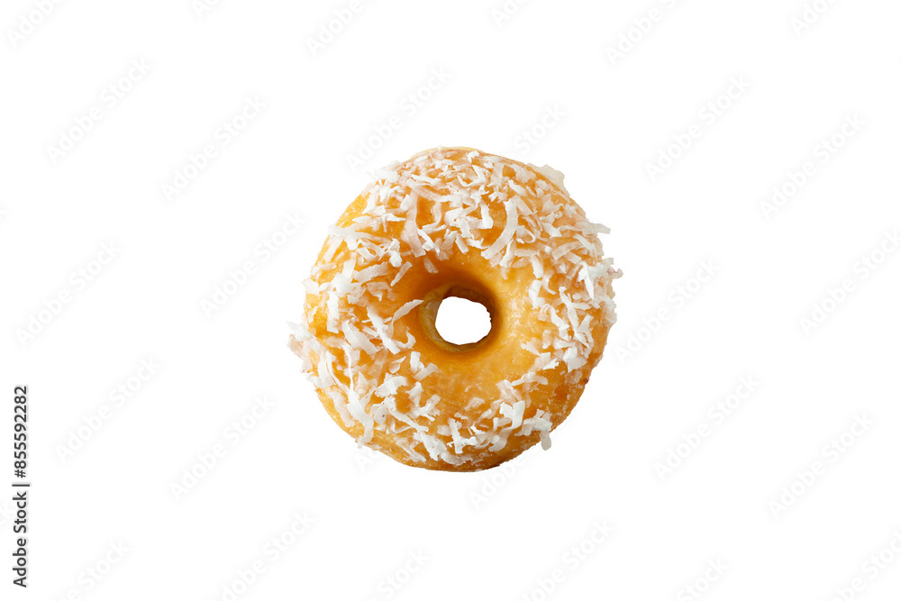 A top down view of a glazed coconut flakes donut. A top down view of a glazed coconut flakes donut.