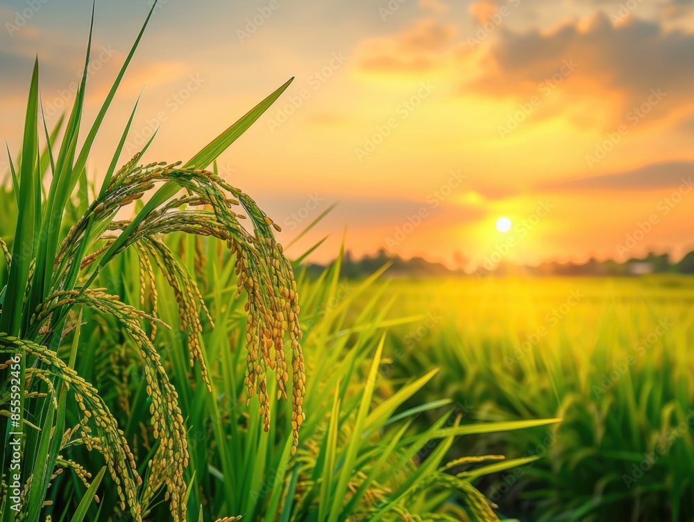 Fototapeta premium Golden rice paddies at sunset concept selective focus on rice plants, ethereal, Composite countryside landscape