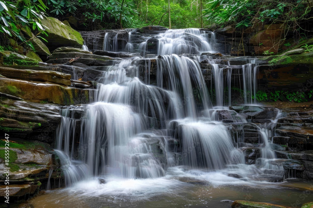 A small waterfall flows down moss-covered rocks in the middle of a dense forest setting, A serene waterfall cascading down moss-covered rocks A small waterfall flows down moss-covered rocks in the middle of a dense forest setting, A serene waterfall cascading down moss-covered rocks