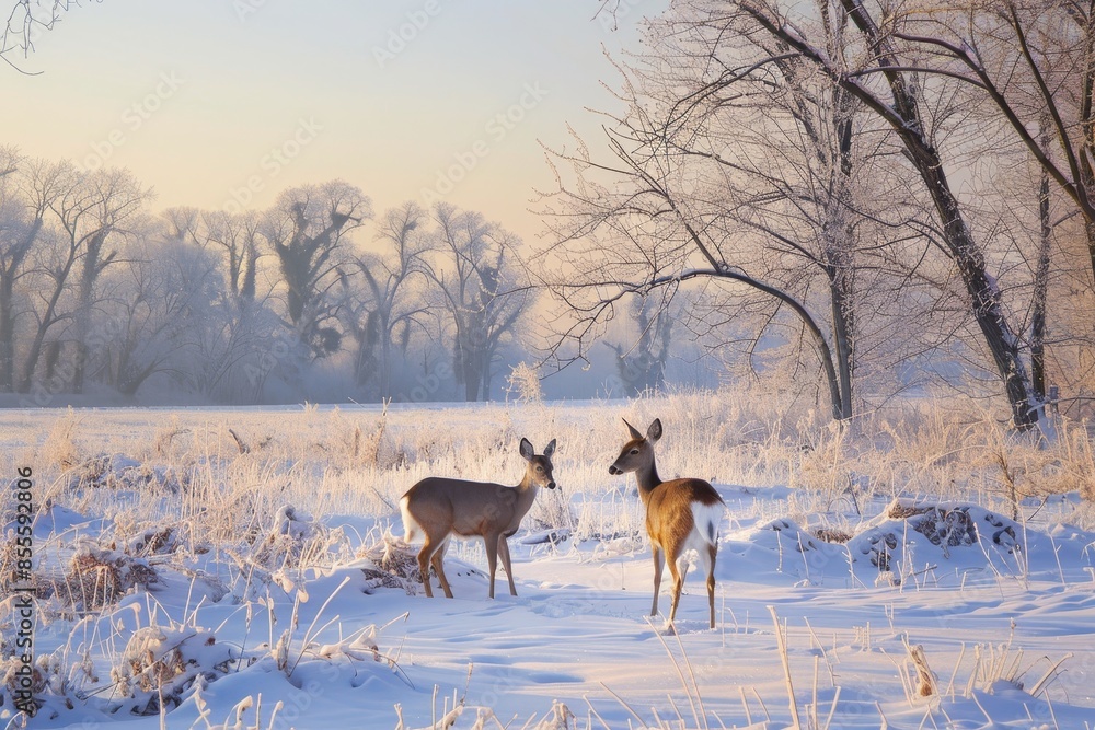 Two deer standing in snowy field next to trees, A serene winter wonderland scene with deer grazing in the distance Two deer standing in snowy field next to trees, A serene winter wonderland scene with deer grazing in the distance