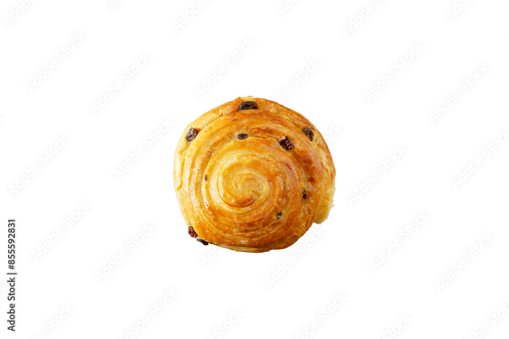 A top down view of a spiral raisin roll, against a white background. A top down view of a spiral raisin roll, against a white background.