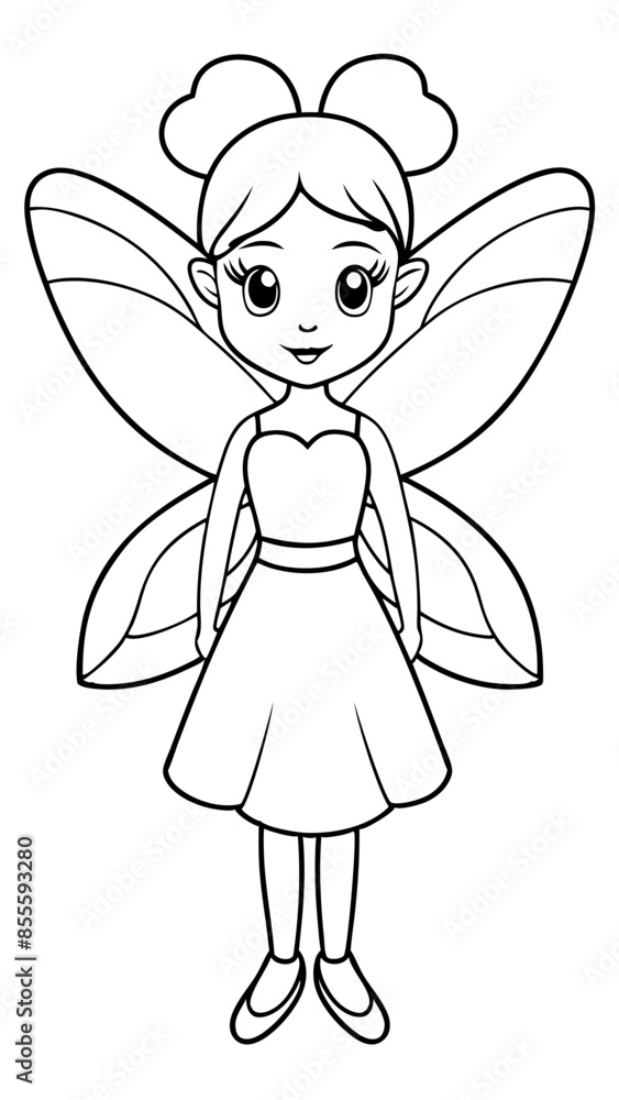 Black and white cartoon drawing of a fairy with wings, dress, hair, and face Black and white cartoon drawing of a fairy with wings, dress, hair, and face